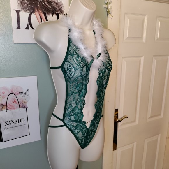 Christmas Lingerie Teddy Lingerie Green Halter V Neck Lace Bodysuit - Picture 3 of 10